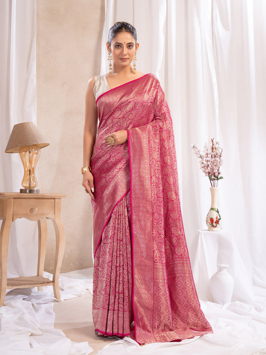 Red Banarasi Saree With Zari Borders