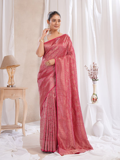 Red Banarasi Saree With Zari Borders