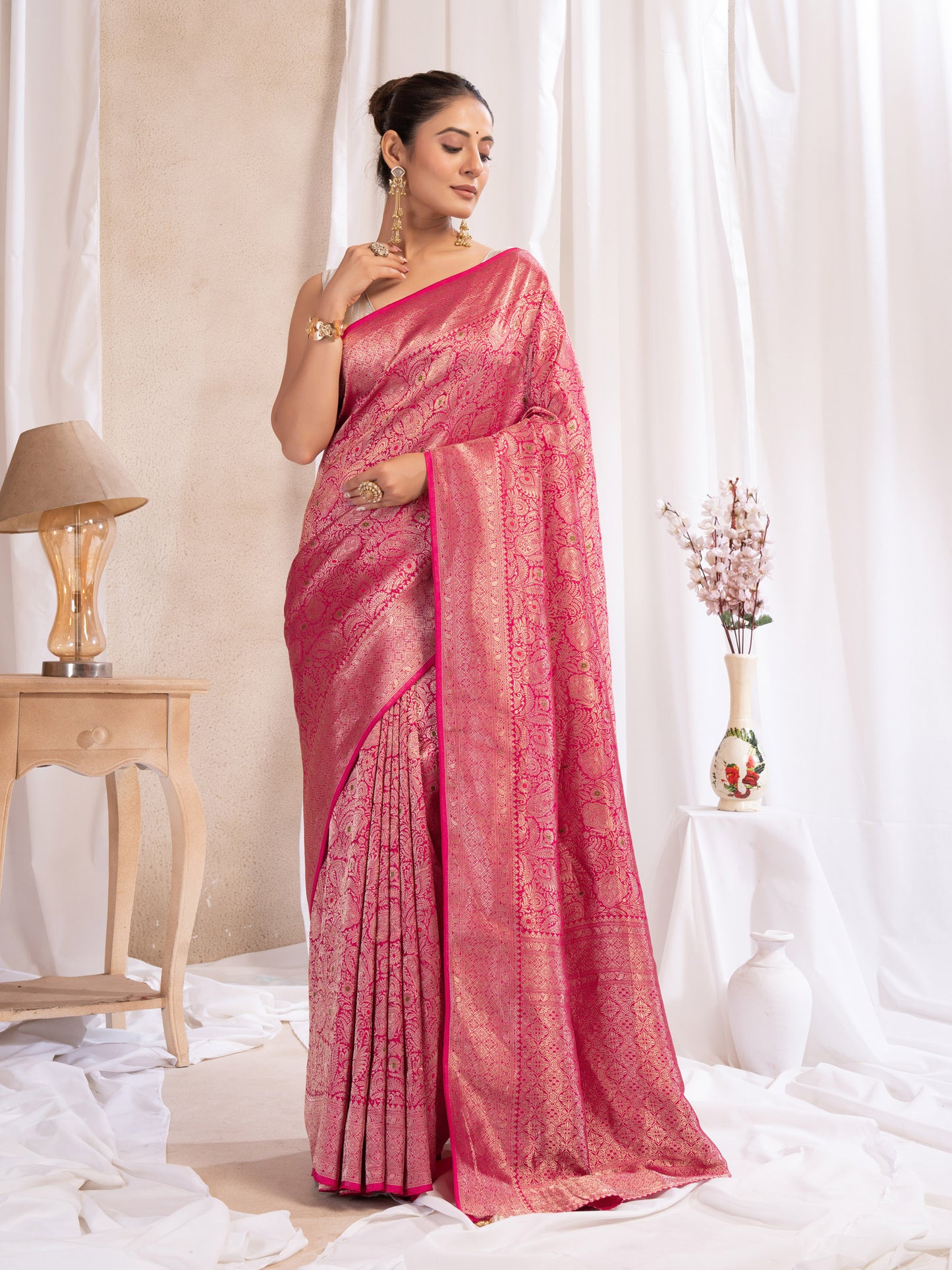Red Banarasi Saree With Zari Borders