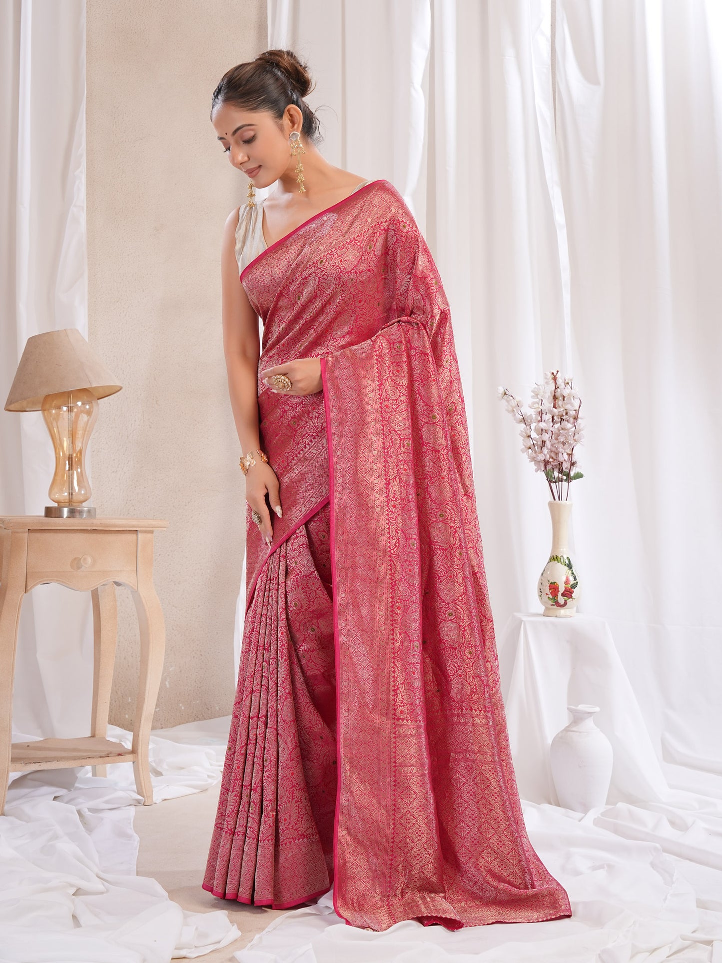 Red Banarasi Saree With Zari Borders