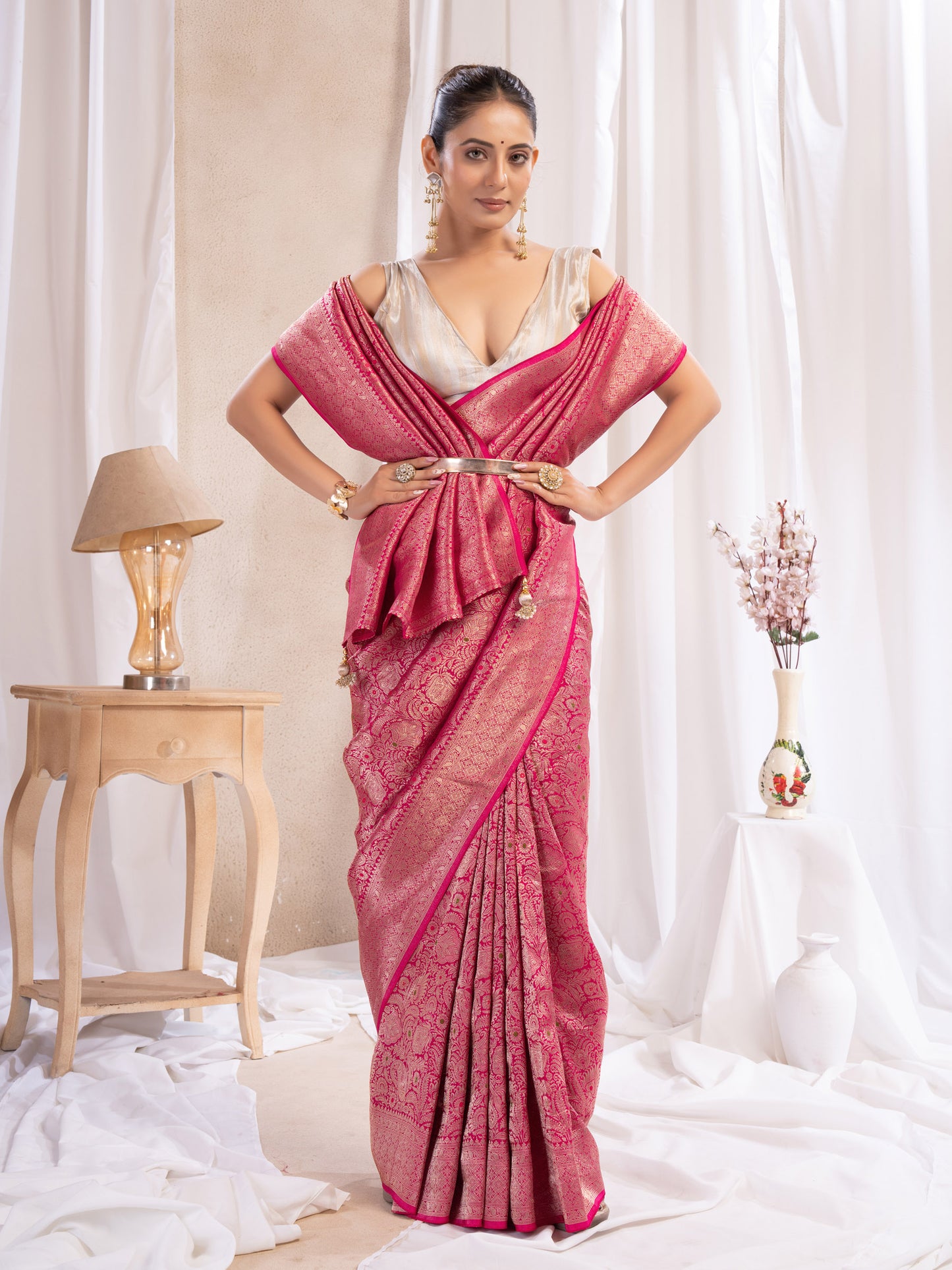Red Banarasi Saree With Zari Borders