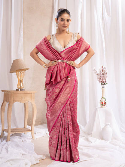 Red Banarasi Saree With Zari Borders