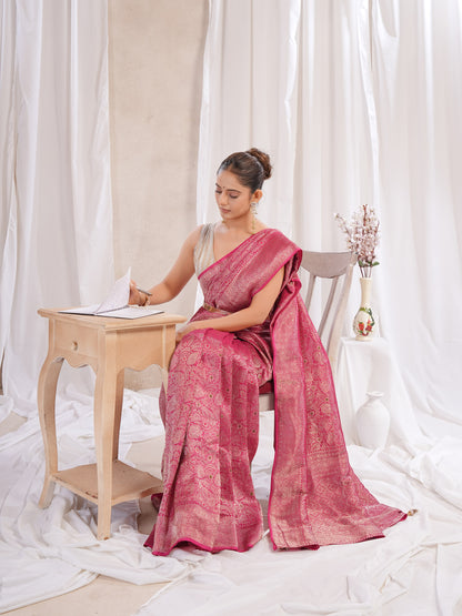 Red Banarasi Saree With Zari Borders
