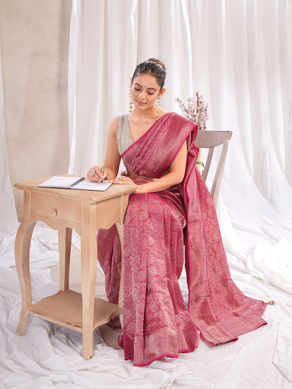 Red Banarasi Saree With Zari Borders