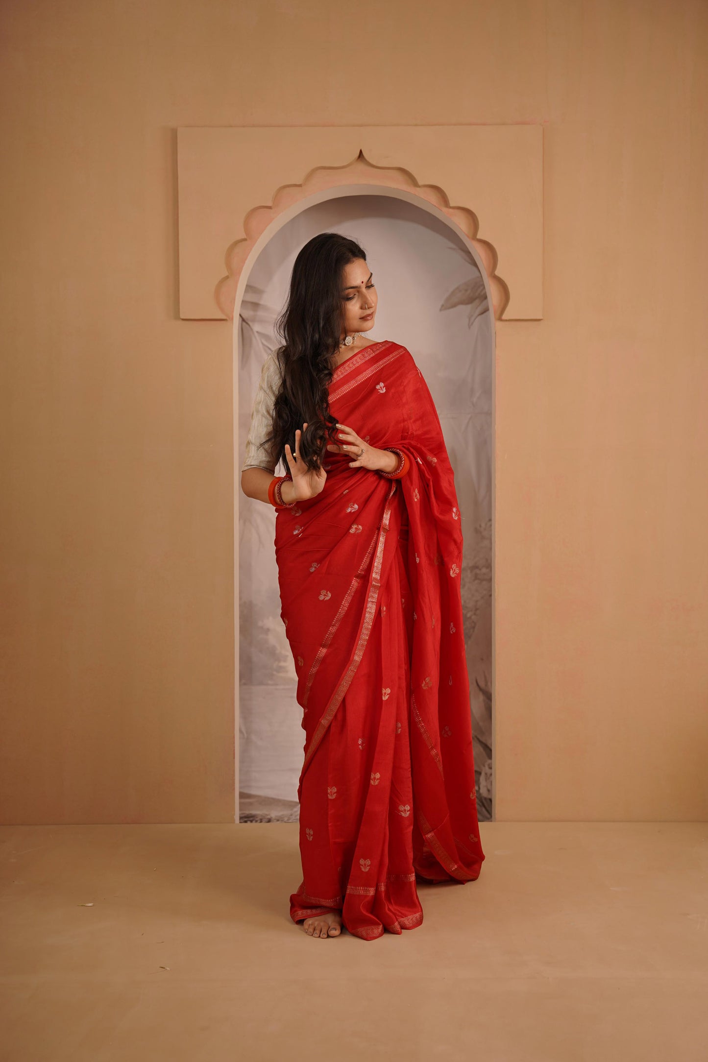 Cherry Red Dola Silk Saree With Zari Borders