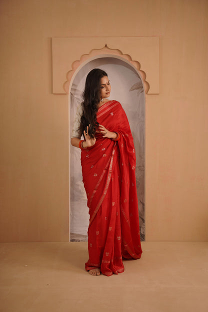 Cherry Red Dola Silk Saree With Zari Borders