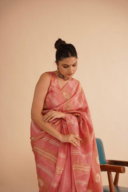 Pink Katan Silk Saree With Zari Borders