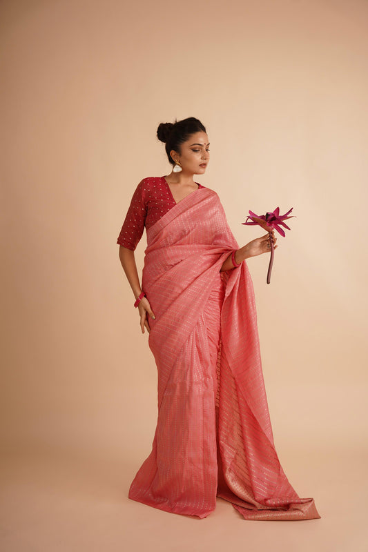 Baby Pink Dola Silk Saree With Zari Borders