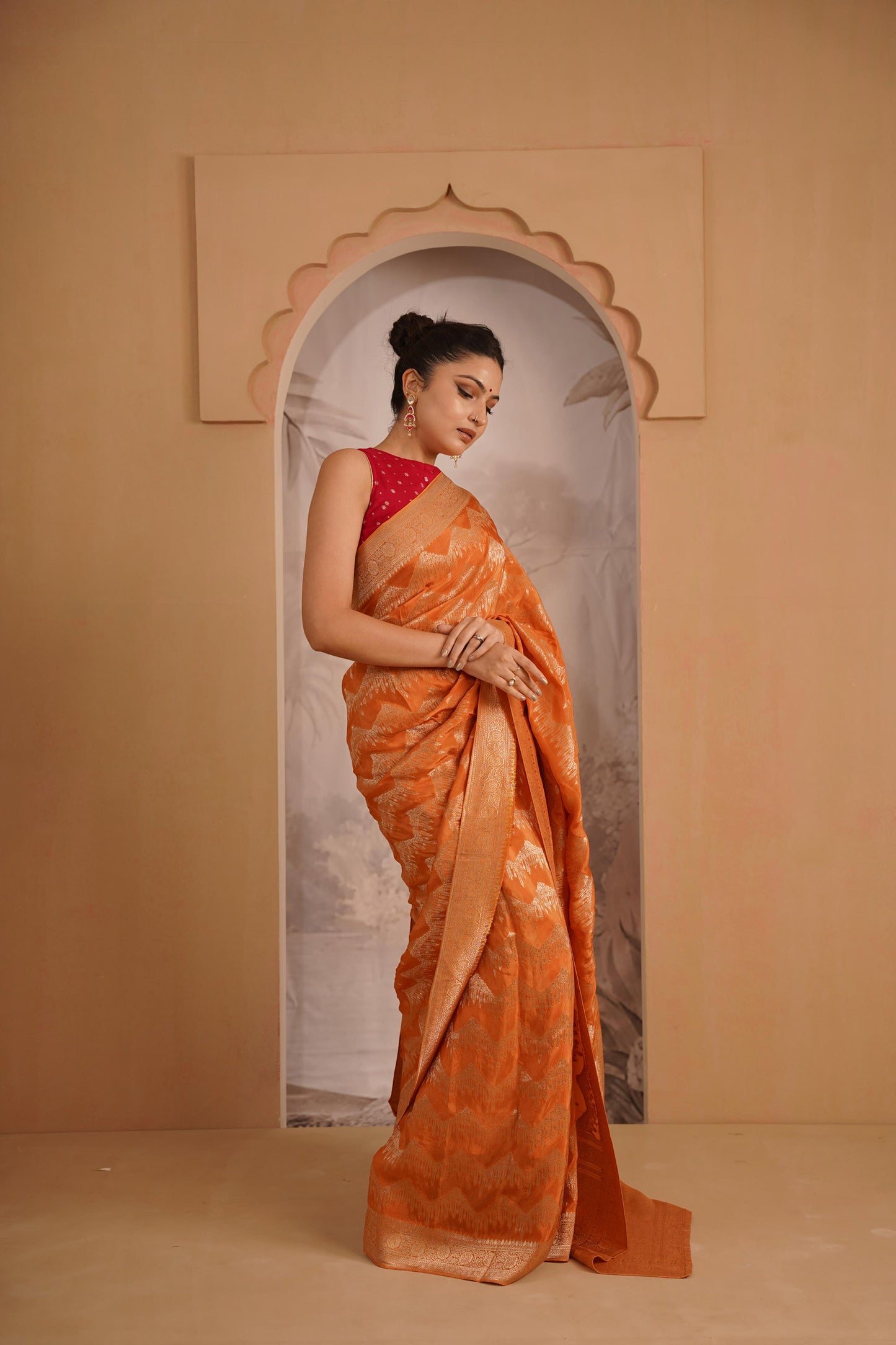 Orange Katan Silk Saree With Zari Borders