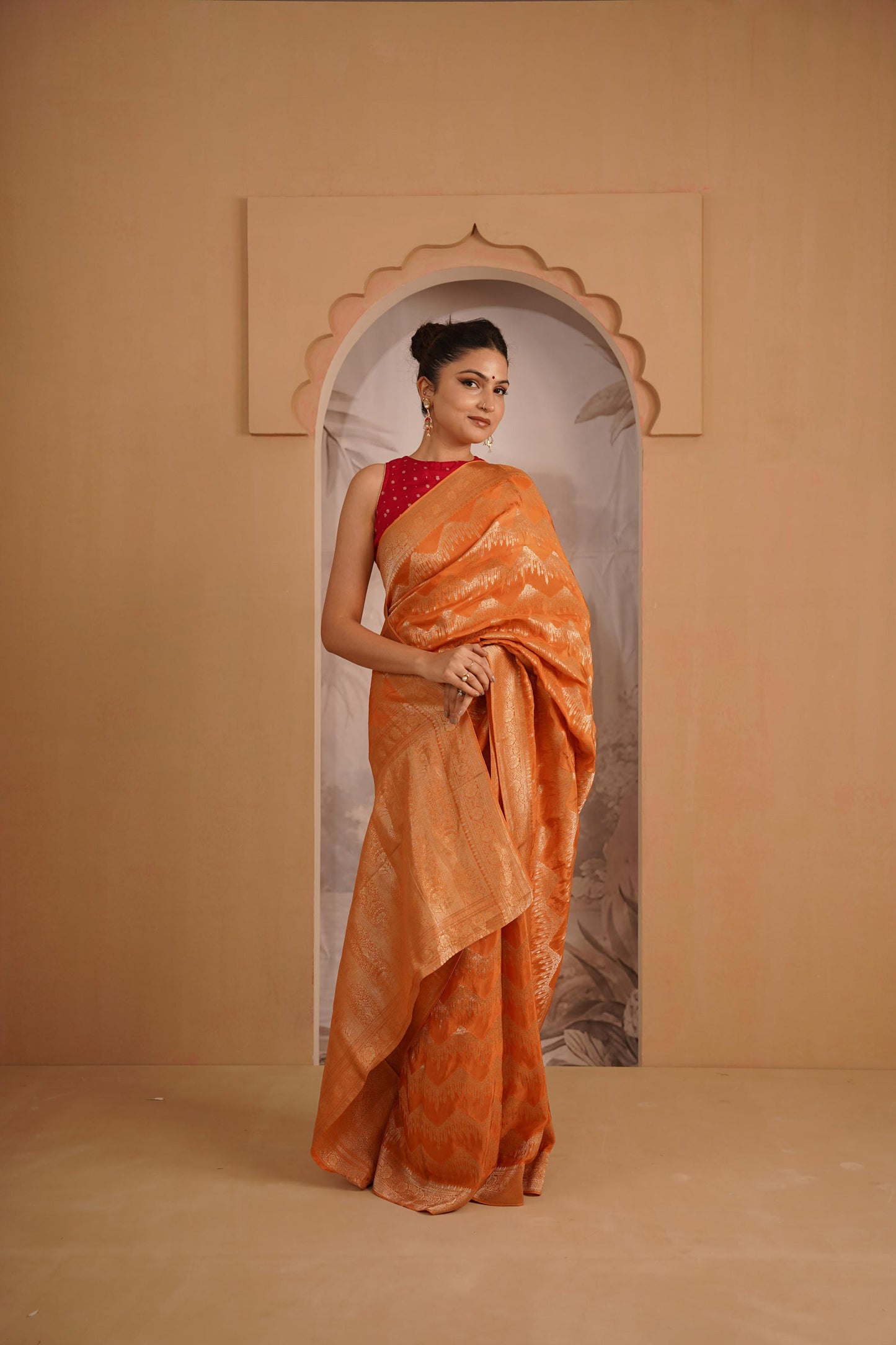Orange Katan Silk Saree With Zari Borders