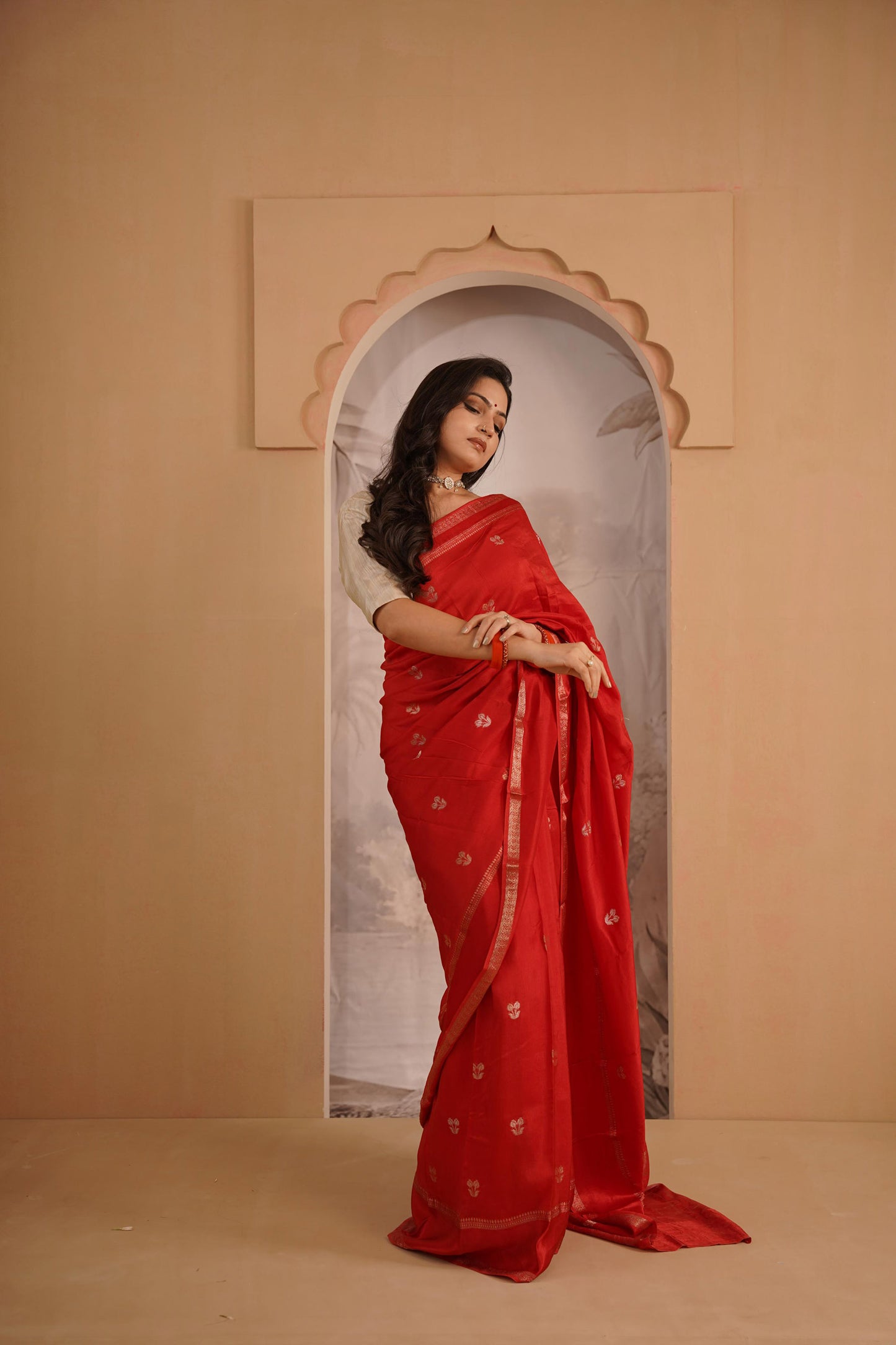 Cherry Red Dola Silk Saree With Zari Borders