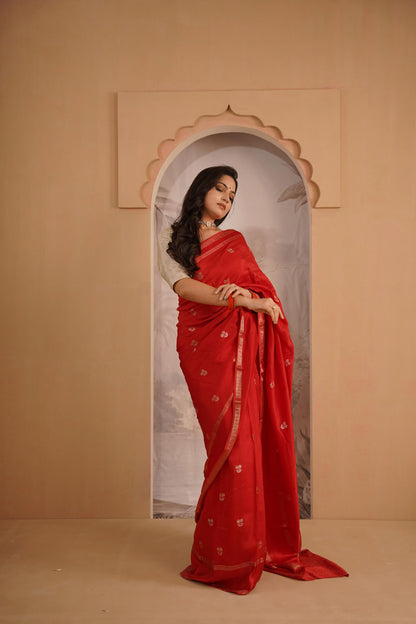 Cherry Red Dola Silk Saree With Zari Borders