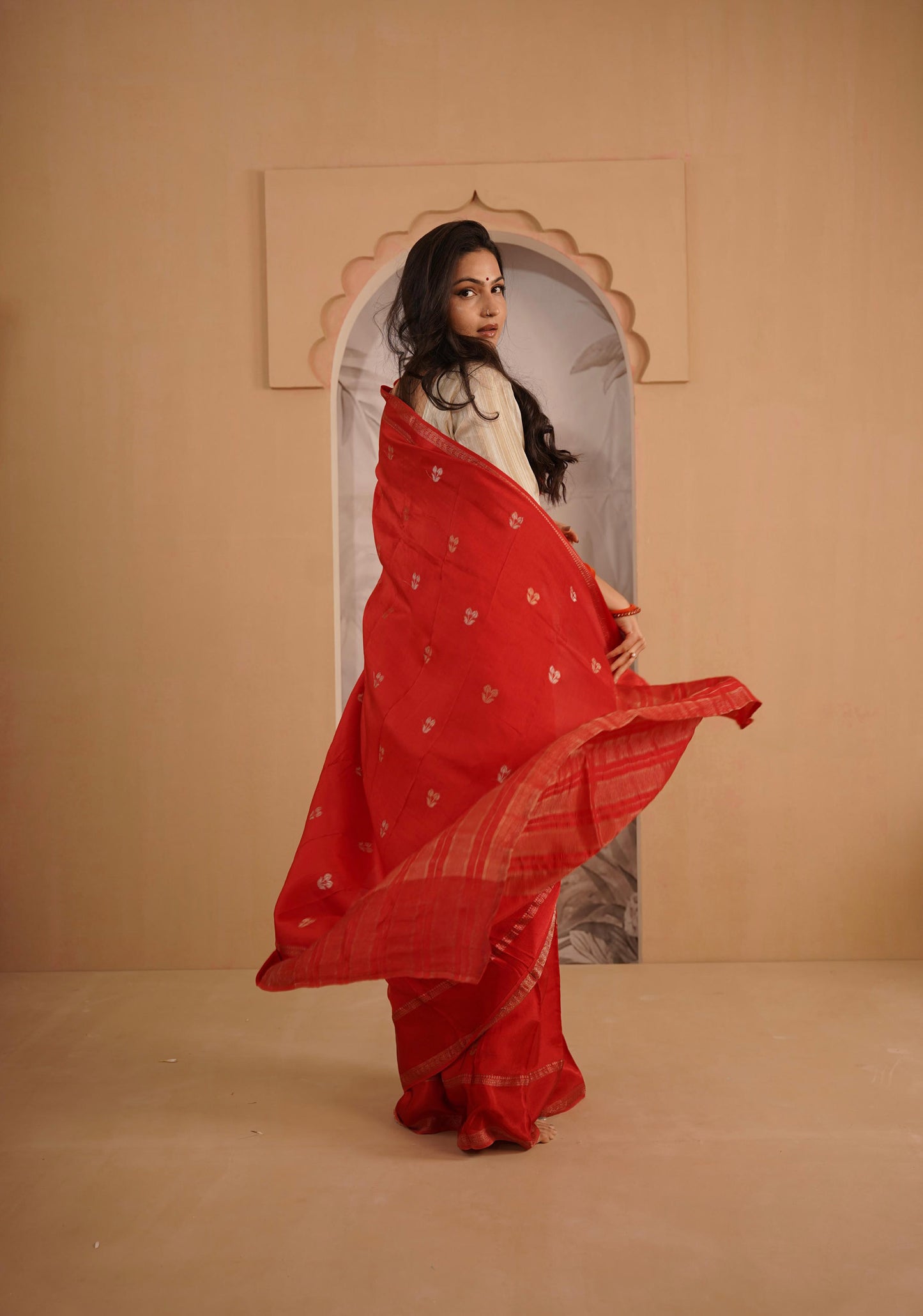 Cherry Red Dola Silk Saree With Zari Borders