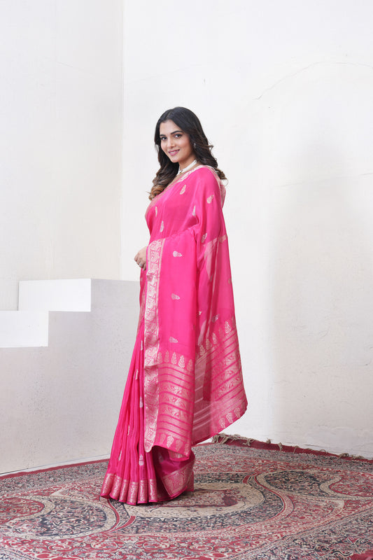 Rani Pink Katan Silk Saree With Zari Borders