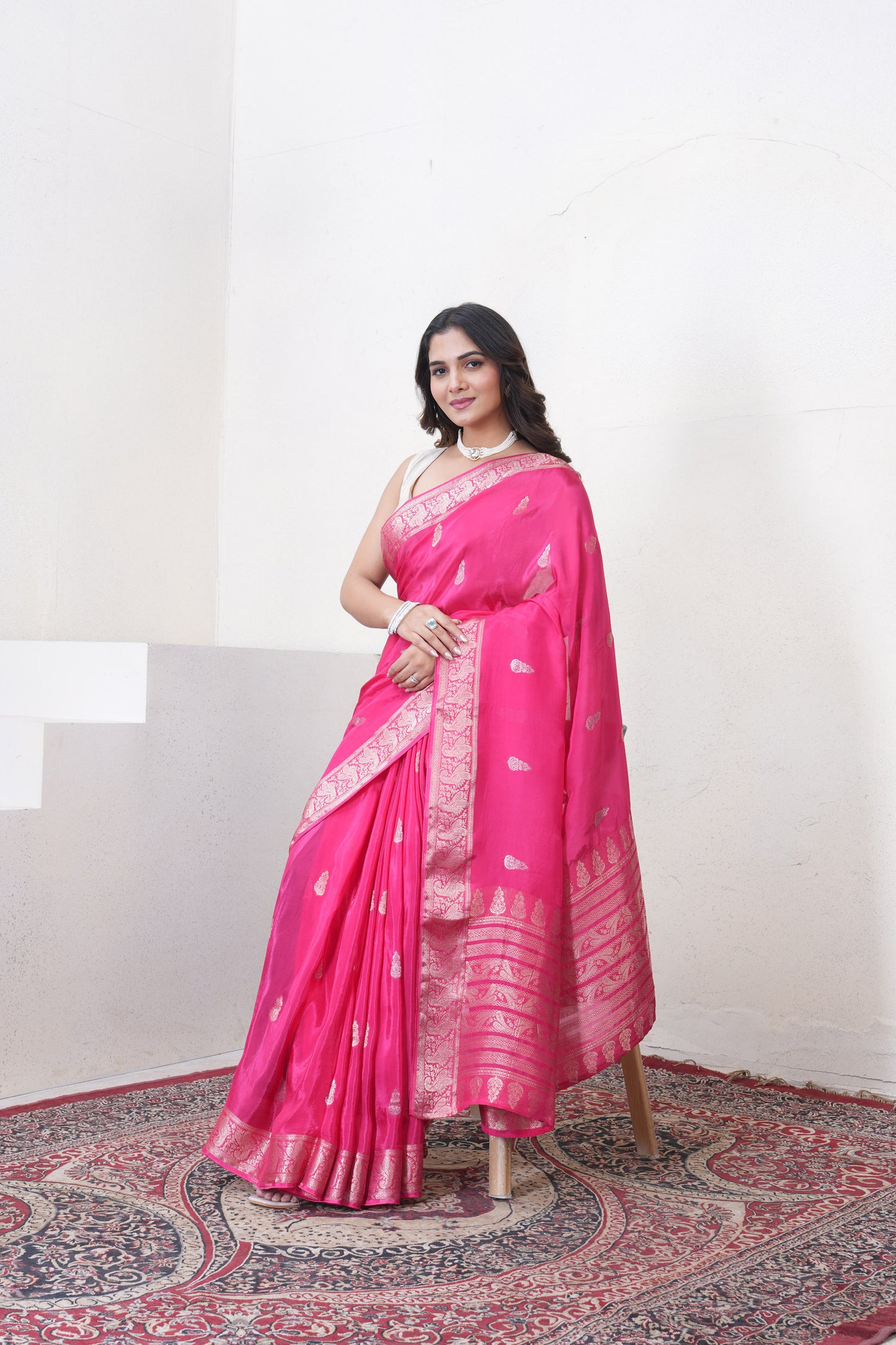 Rani Pink Katan Silk Saree With Zari Borders