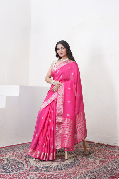 Rani Pink Katan Silk Saree With Zari Borders