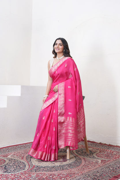 Rani Pink Katan Silk Saree With Zari Borders