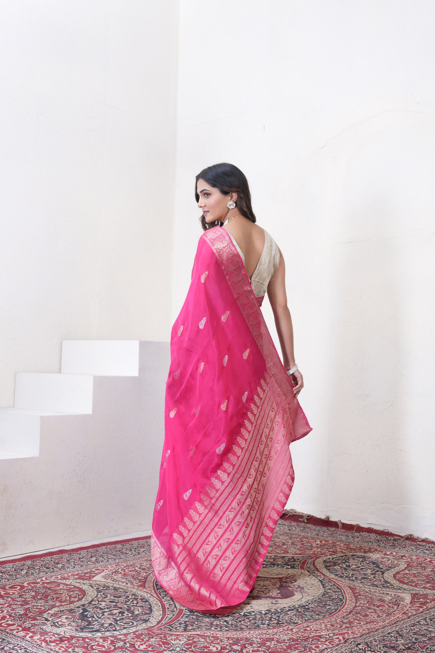 Rani Pink Katan Silk Saree With Zari Borders
