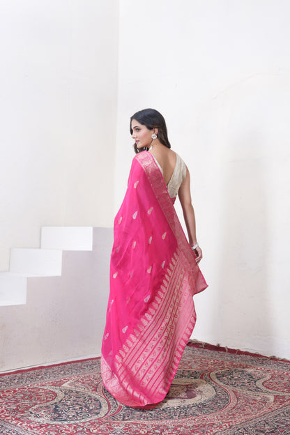 Rani Pink Katan Silk Saree With Zari Borders