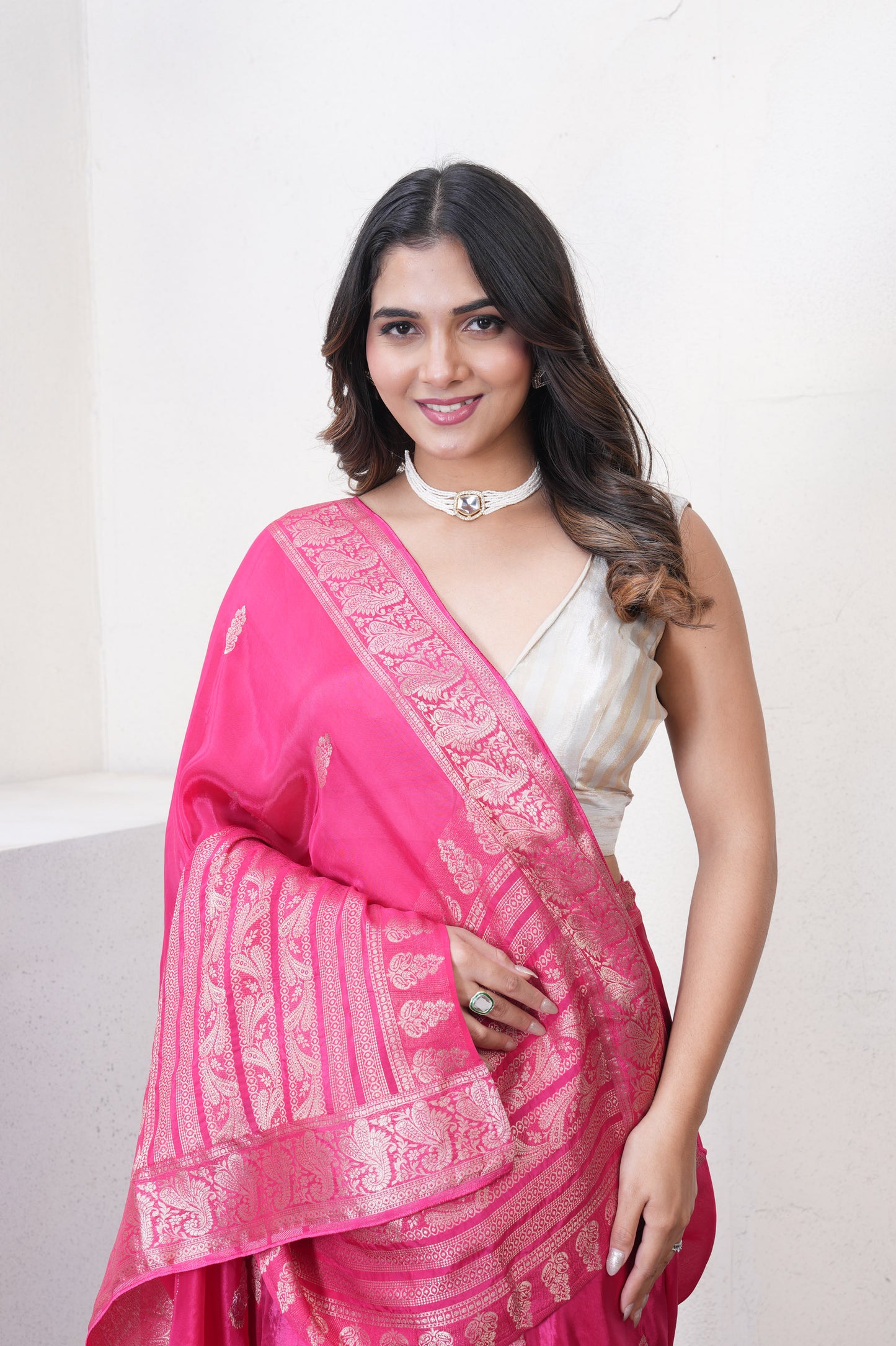 Rani Pink Katan Silk Saree With Zari Borders