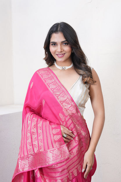 Rani Pink Katan Silk Saree With Zari Borders