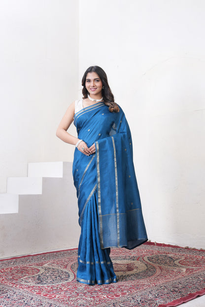 Dark Blue Dola Silk Saree With Zari Borders