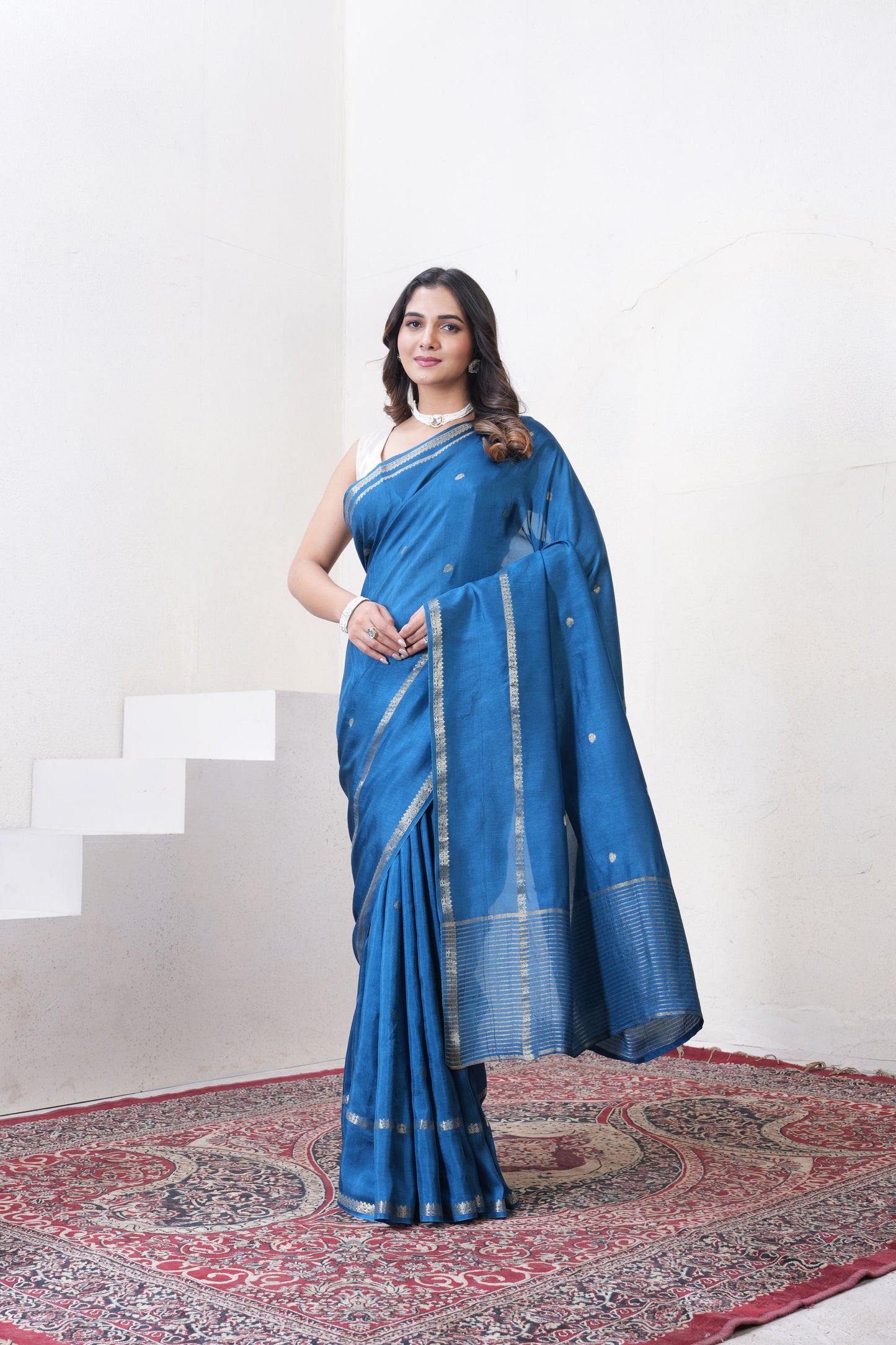 Dark Blue Dola Silk Saree With Zari Borders