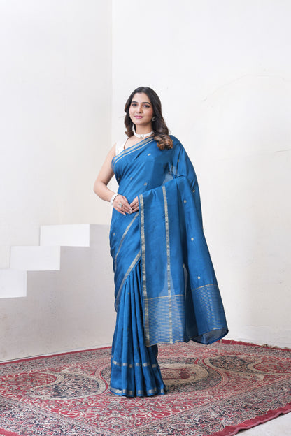 Dark Blue Dola Silk Saree With Zari Borders