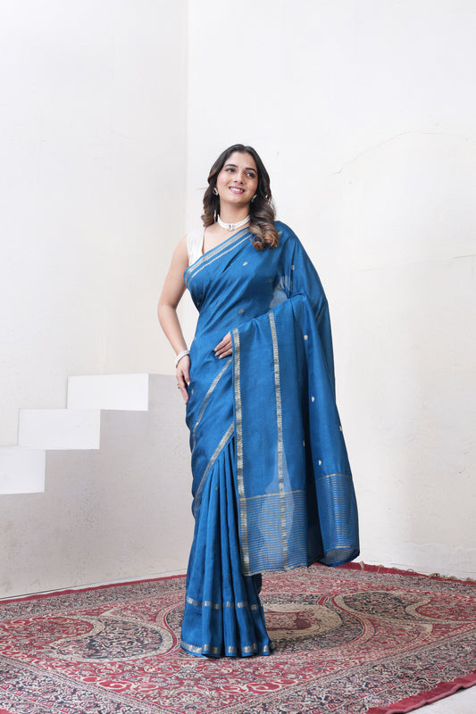 Dark Blue Dola Silk Saree With Zari Borders