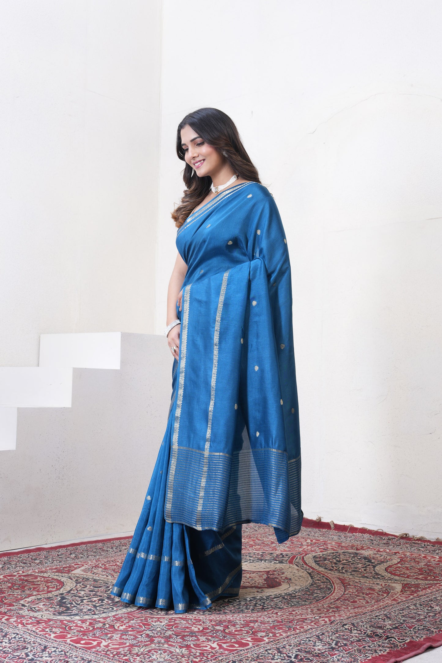 Dark Blue Dola Silk Saree With Zari Borders