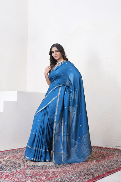 Dark Blue Dola Silk Saree With Zari Borders