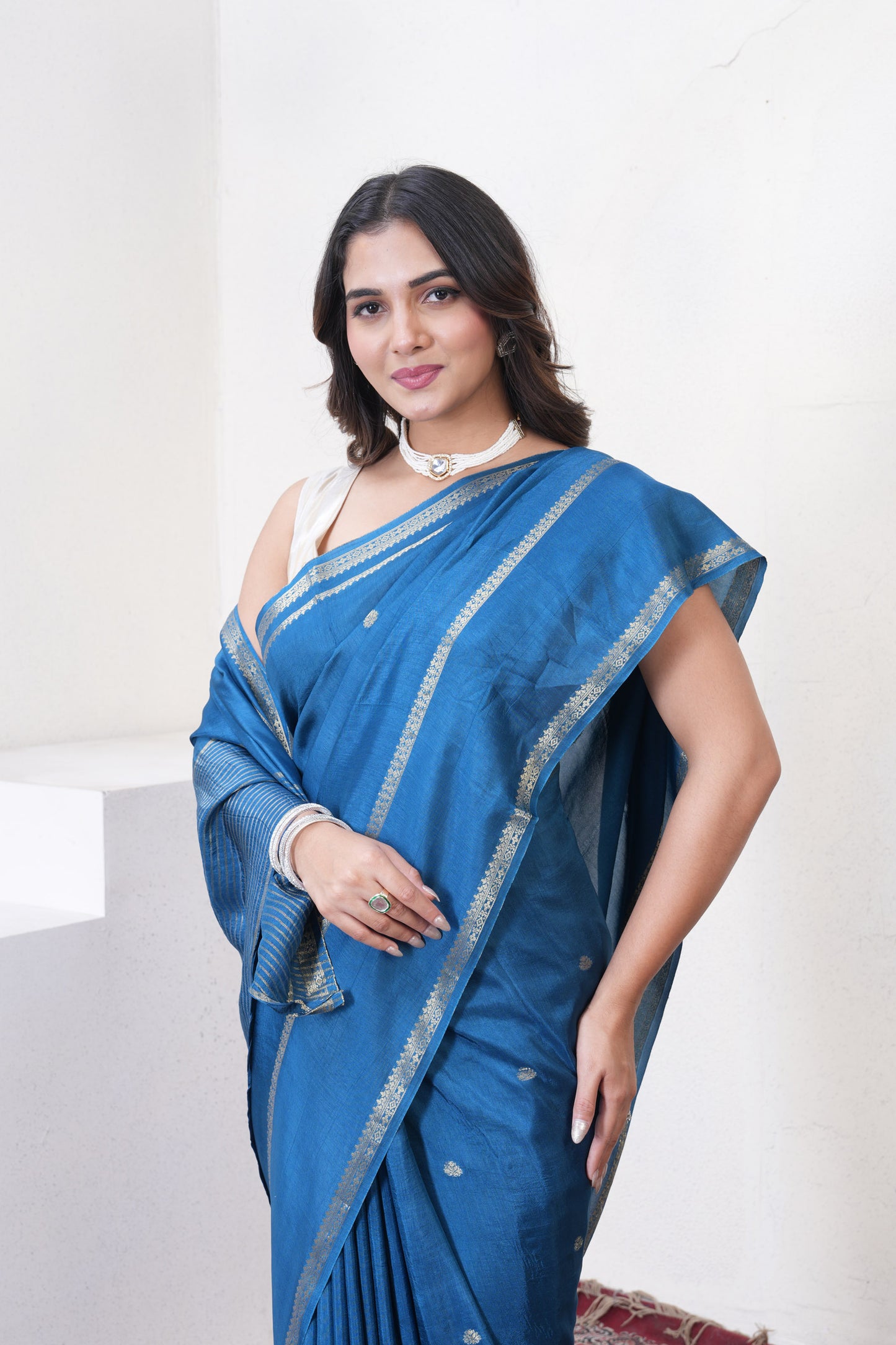 Dark Blue Dola Silk Saree With Zari Borders