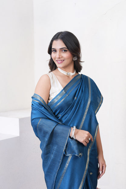 Dark Blue Dola Silk Saree With Zari Borders