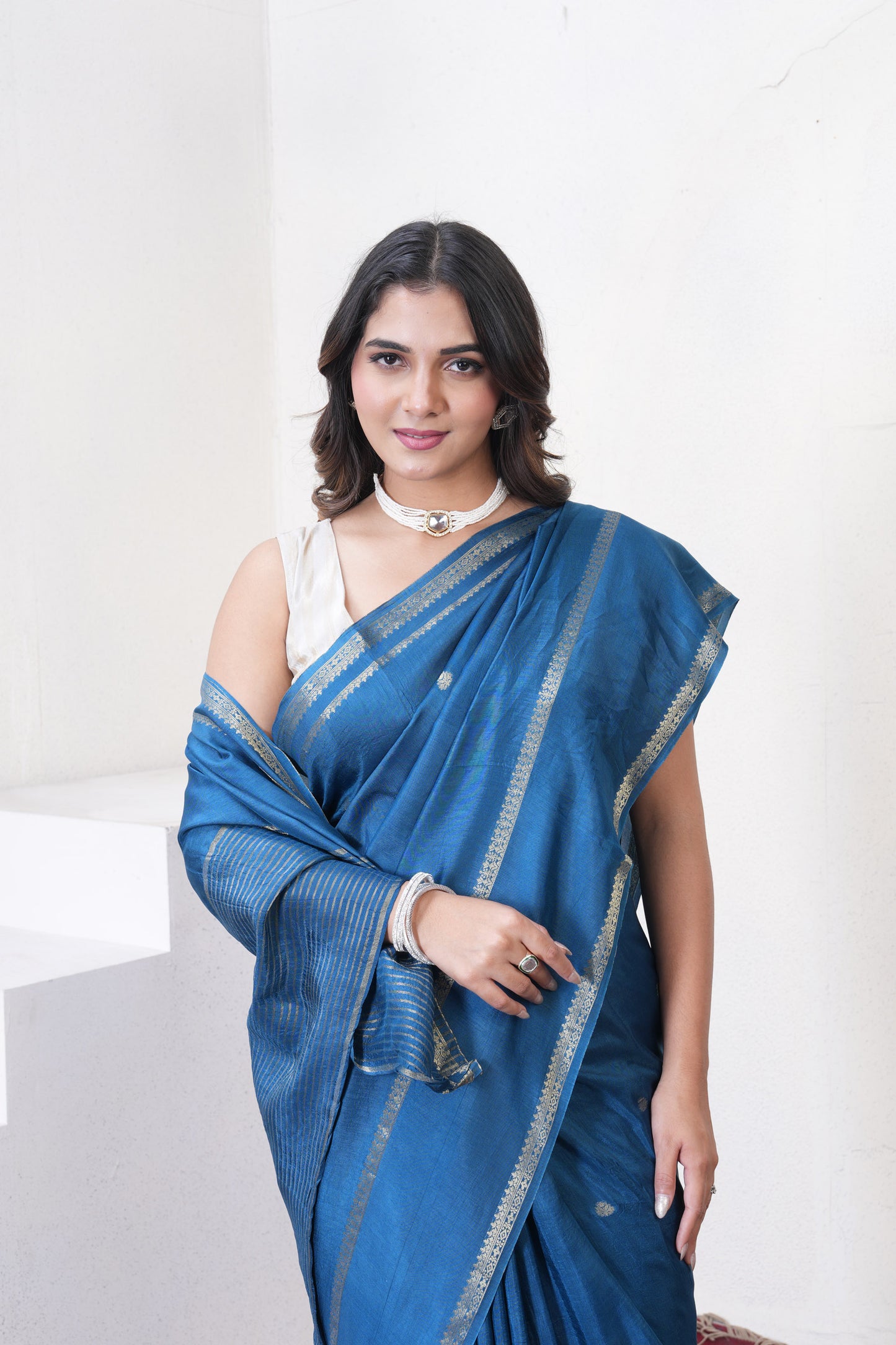 Dark Blue Dola Silk Saree With Zari Borders