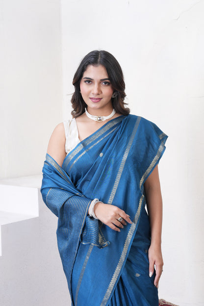 Dark Blue Dola Silk Saree With Zari Borders