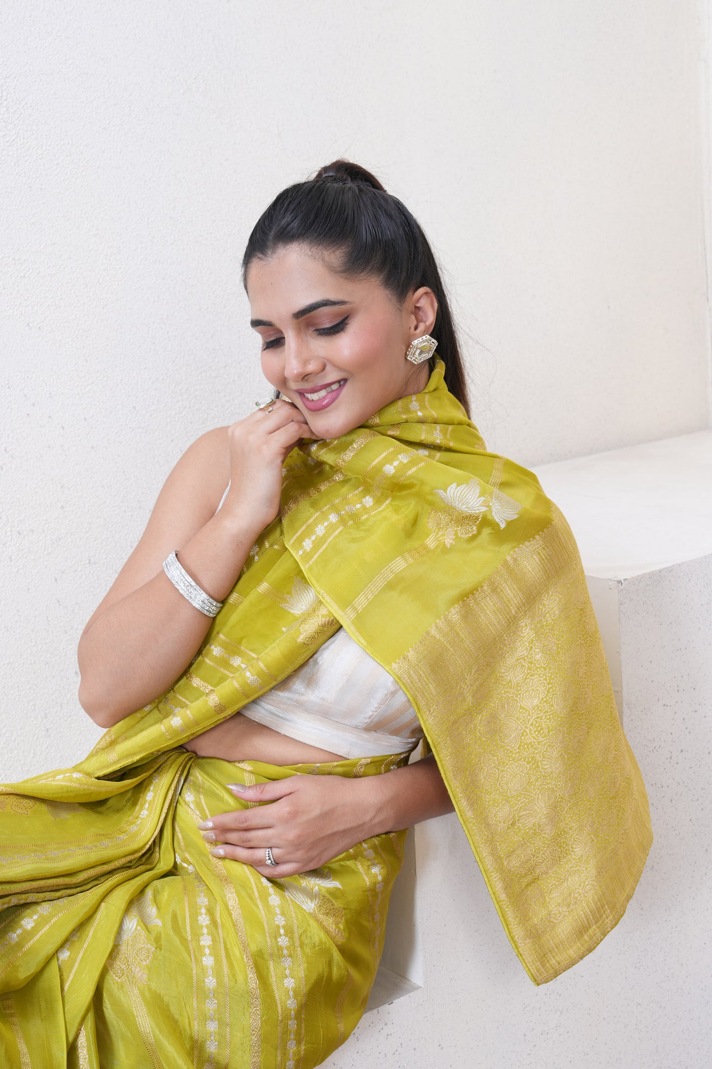Green Katan Silk Saree With Zari Borders
