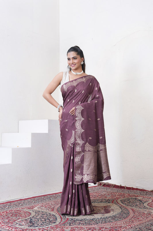 Wine Tussar Silk Saree With Zari Borders