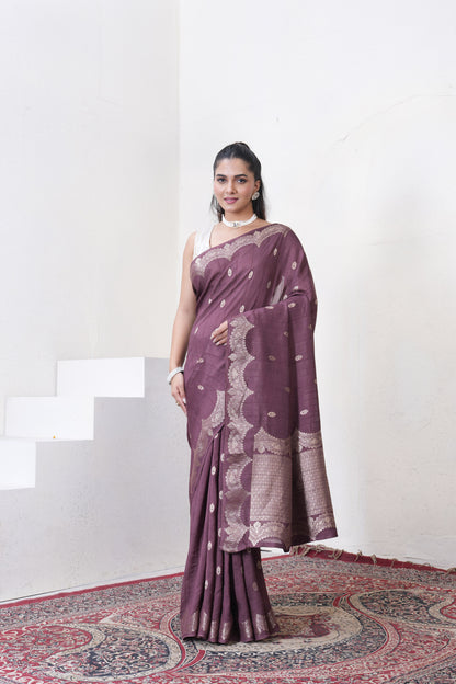 Wine Tussar Silk Saree With Zari Borders