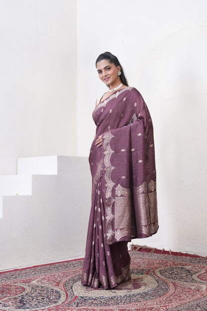 Wine Tussar Silk Saree With Zari Borders