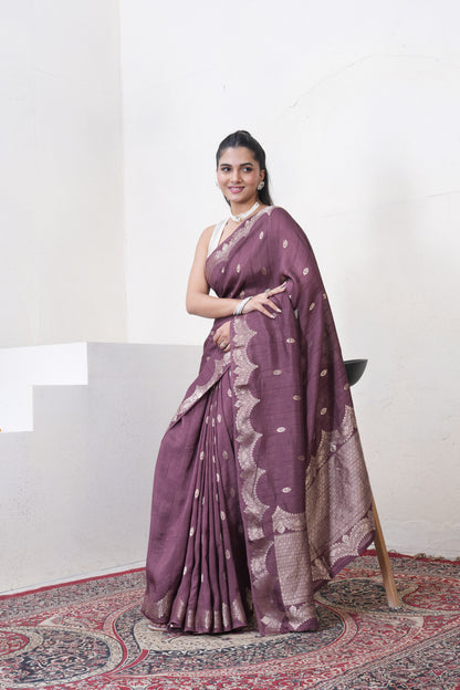 Wine Tussar Silk Saree With Zari Borders