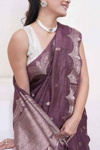 Wine Tussar Silk Saree With Zari Borders