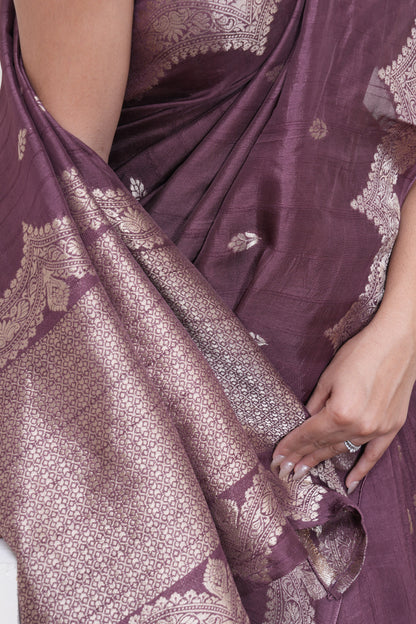 Wine Tussar Silk Saree With Zari Borders