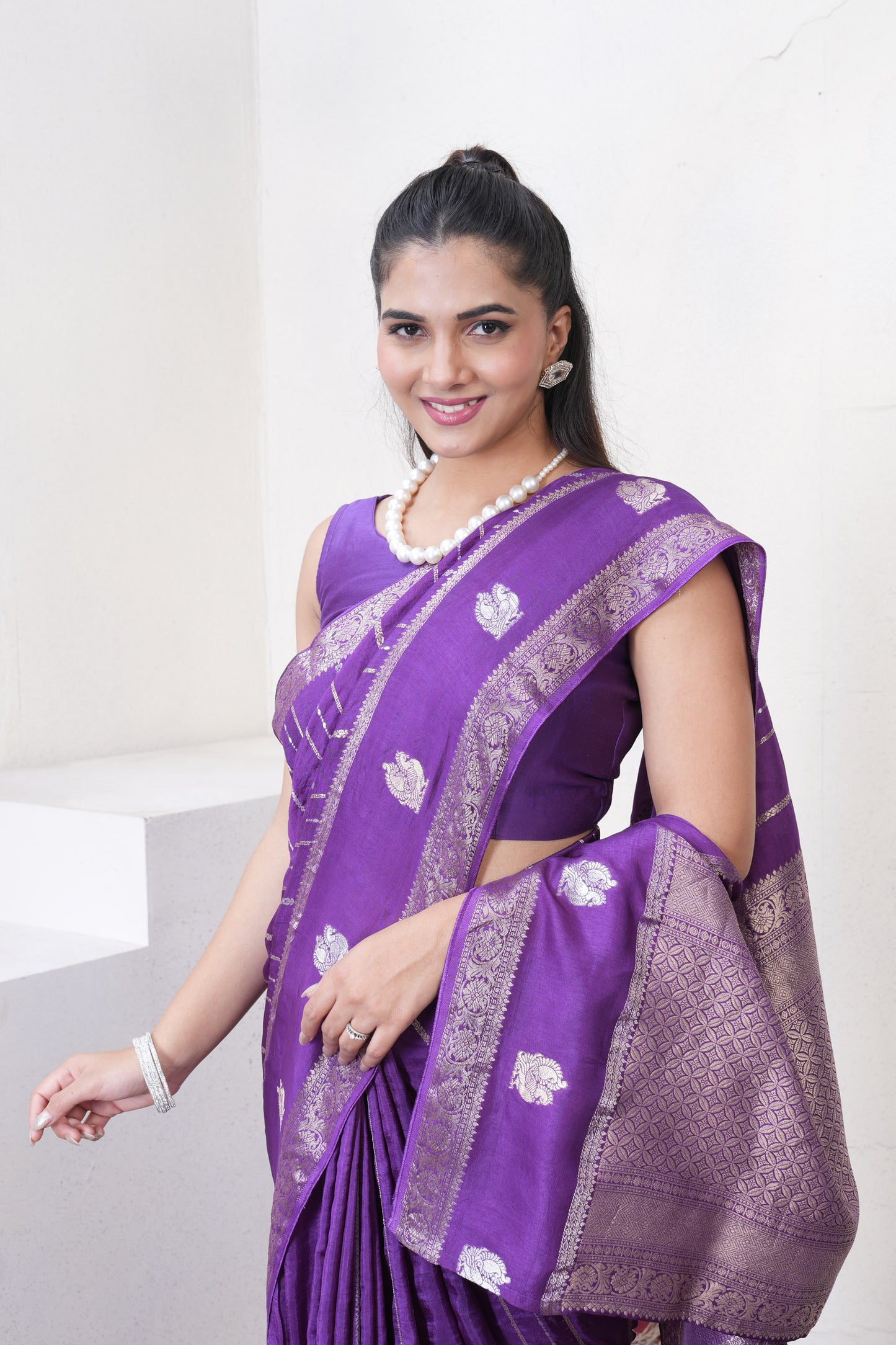 Purple Dola Silk Saree With Zari Borders
