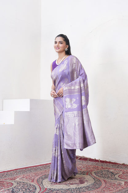 Lylac Katan Silk Saree With Zari Borders