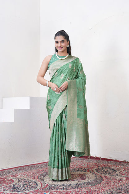Sea Green Katan Silk Saree With Zari Borders