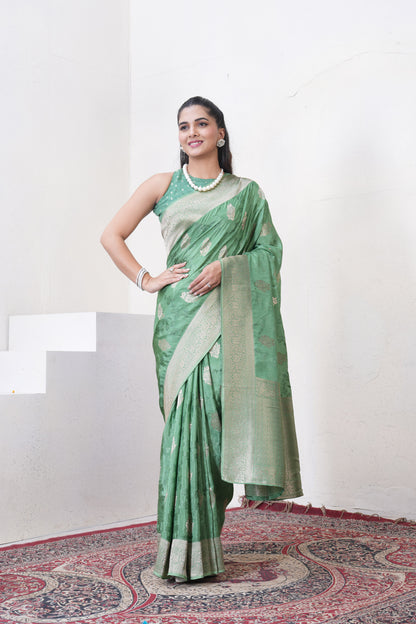 Sea Green Katan Silk Saree With Zari Borders