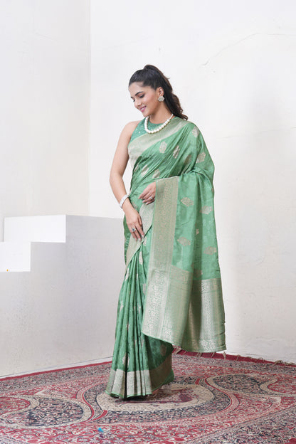 Sea Green Katan Silk Saree With Zari Borders