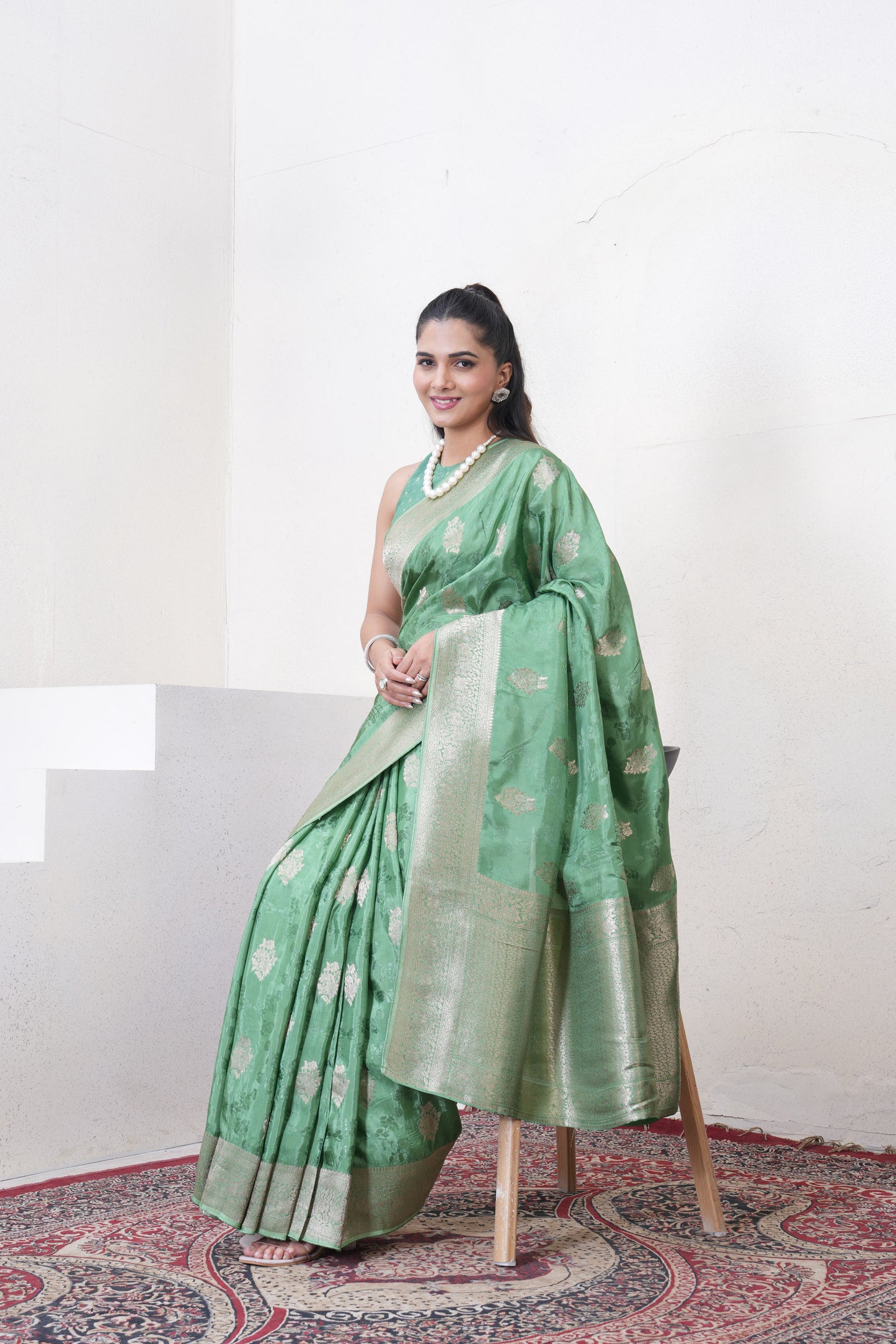 Sea Green Katan Silk Saree With Zari Borders