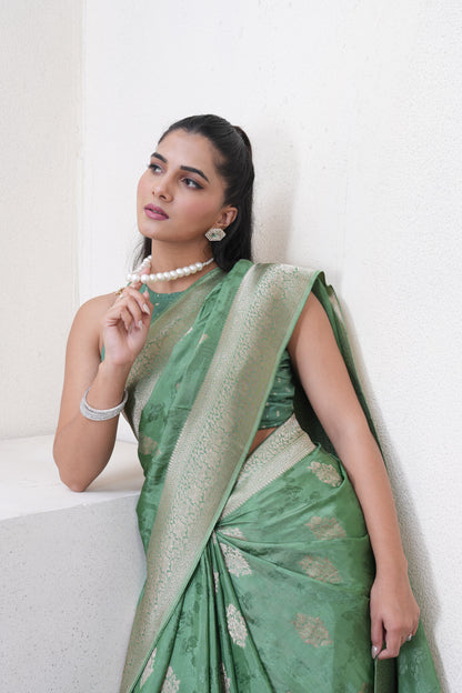 Sea Green Katan Silk Saree With Zari Borders