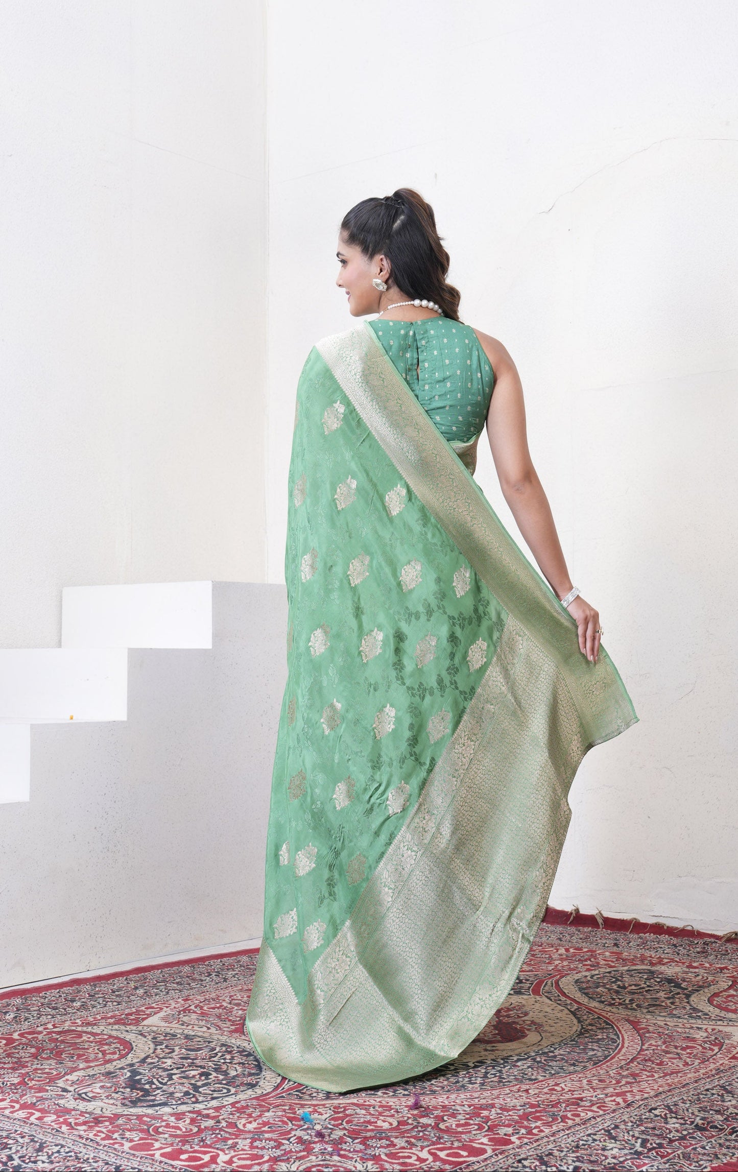 Sea Green Katan Silk Saree With Zari Borders
